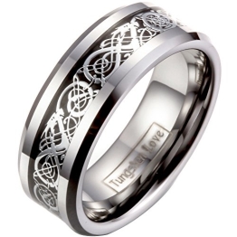 JewelryWe Schmuck Herren Wolframcarbid Ring Band Silber Schwarz Irish Celtic Knot Irischen Keltisch Knoten Drachen Jahrgang Hochzeit Größe 75 - 1